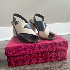 Black & White Tory Burch Sandals with Cute Modern Hexagonal Heels (Size 9)